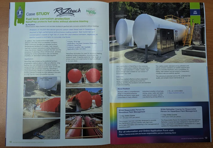 The NanoPrep fuel tank case study as printed across a two-page spread in the Journal of Surface Coatings Australia